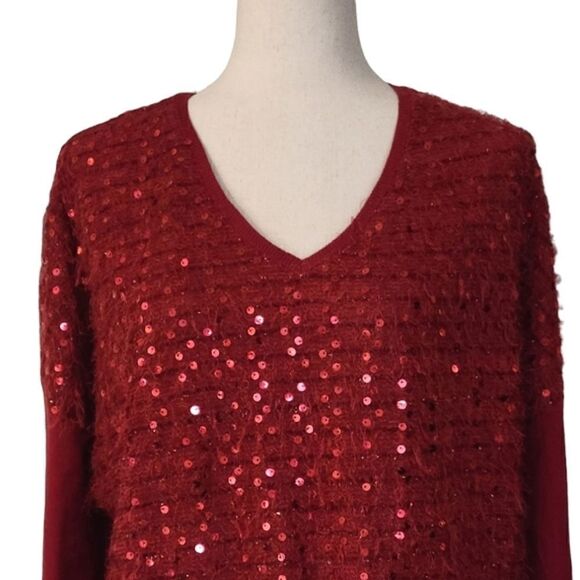 I Jeans By Buffalo Red Sequin Fuzzy V-neck Party Sweater Size L - Picture 5 of 7